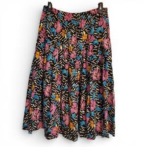 VIntage 90s Black White Colorful Floral A Line Midi Skirt Messy Girl Maximalist